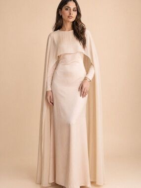 Beige chiffon cape over satin. Modest evening, full sleeves, floor-length dress